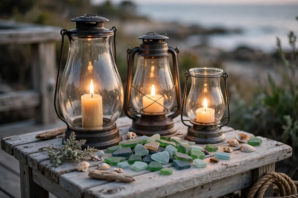 Glass hurricane lanterns with candles and sea glass on a coastal side table.