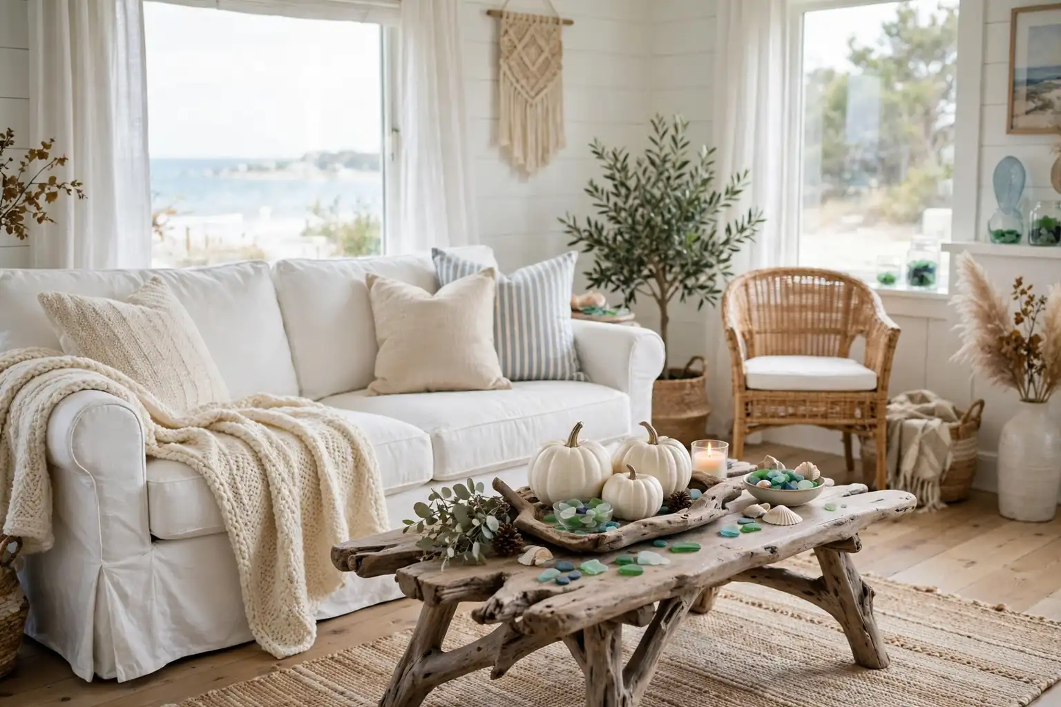 Bright coastal living room decorated for fall with white pumpkins, a cream knit throw, and sea glass accents.