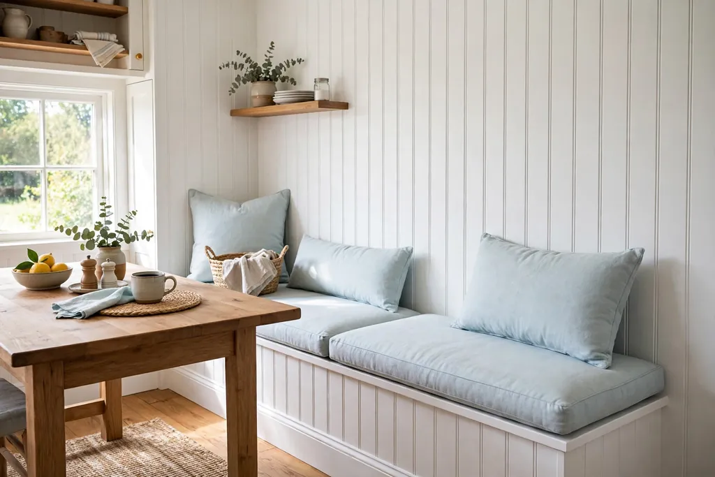 Kitchen dining nook wall with white painted beadboard paneling.