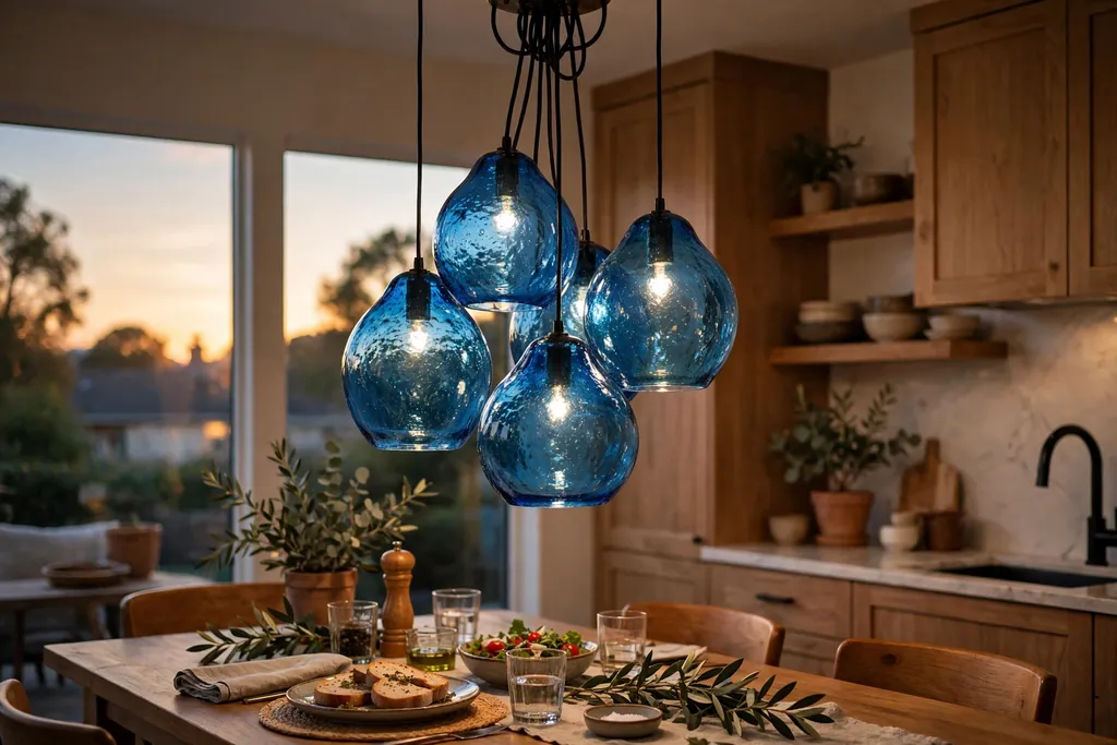 Cluster of blue glass pendant lights over a kitchen dining table.