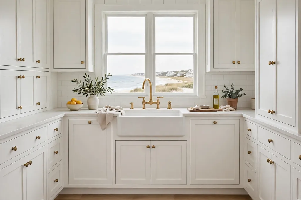 White coastal kitchen cabinets with brushed brass knobs and a brass tap.
