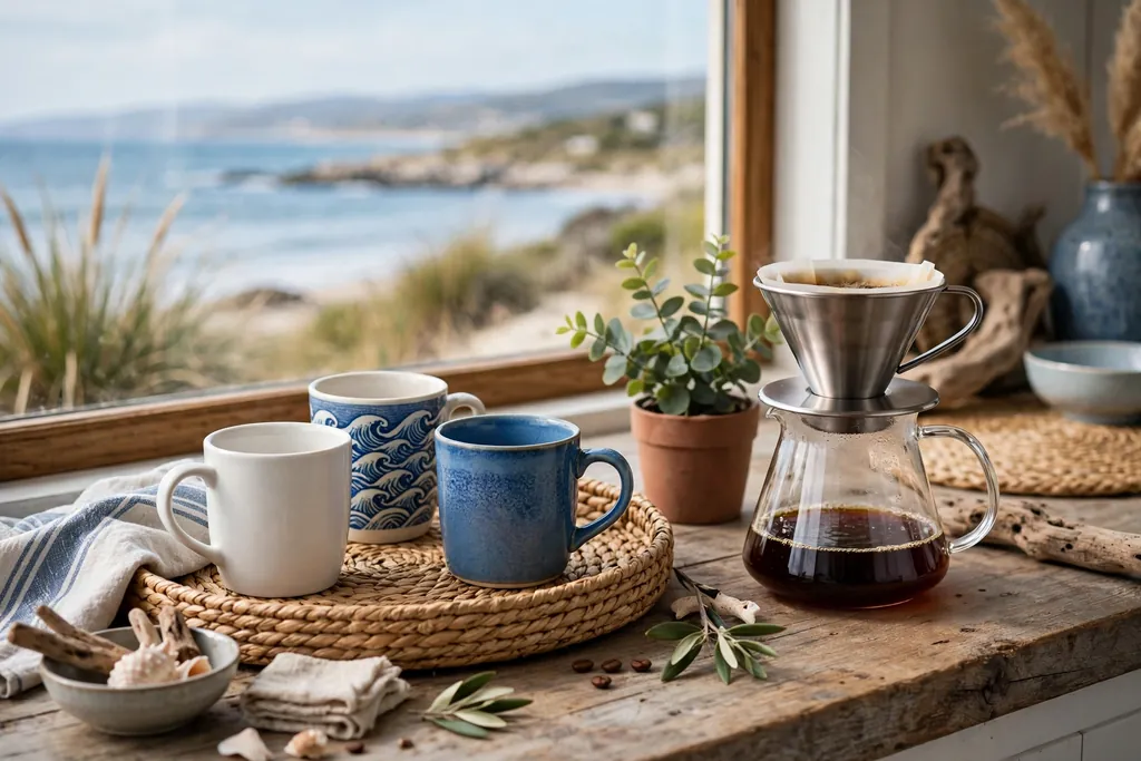 Coastal coffee station with white and blue mugs on a woven tray.