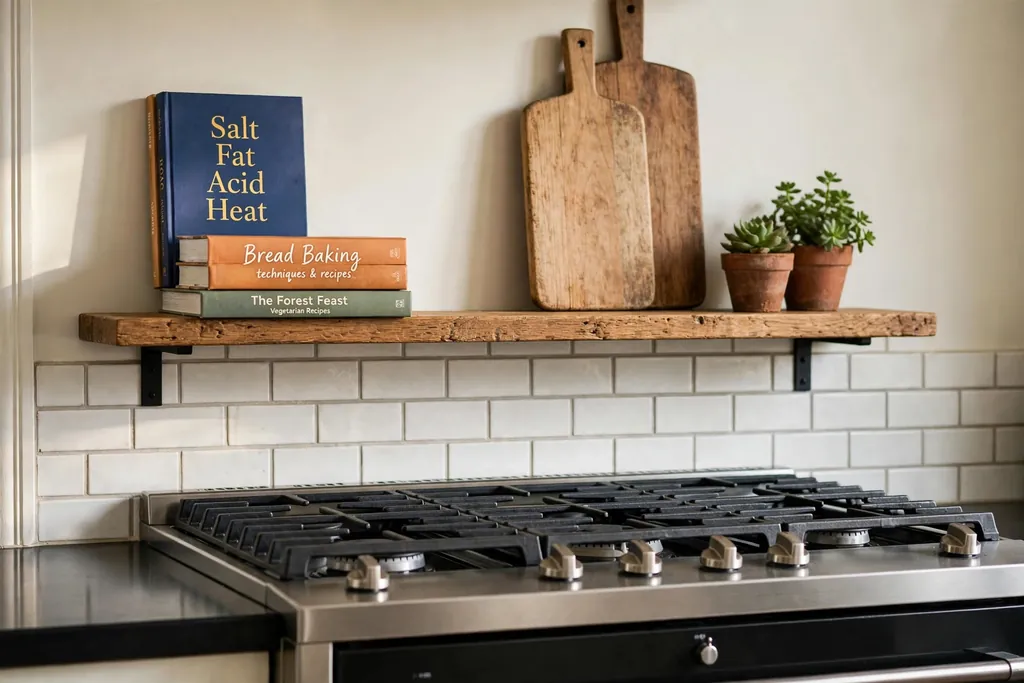 Wood shelf by a range holding cookbooks and leaning cutting boards.
