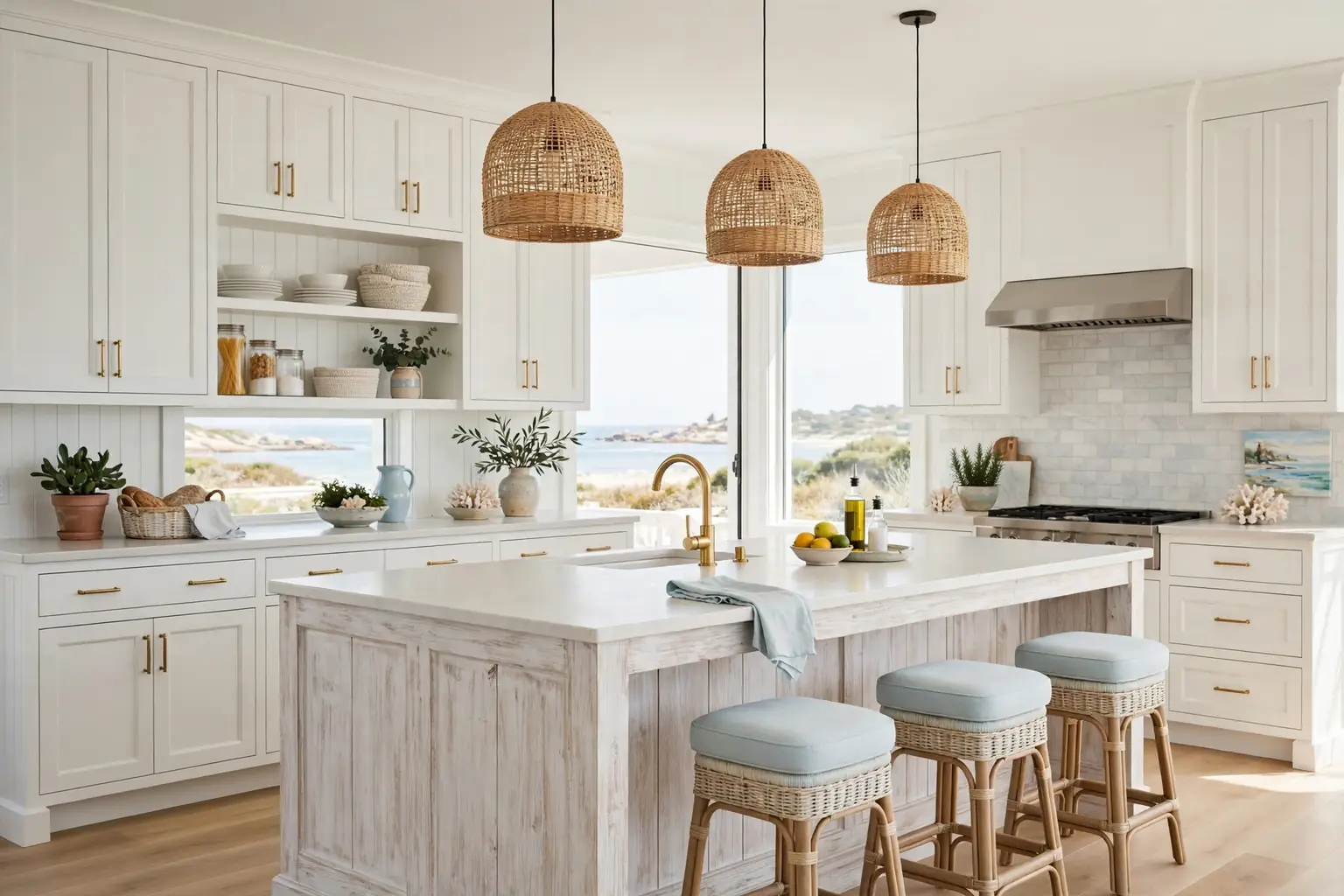 Wide bright coastal kitchen with white cabinets, a whitewashed island, rattan pendants, and pale blue accents in daylight.