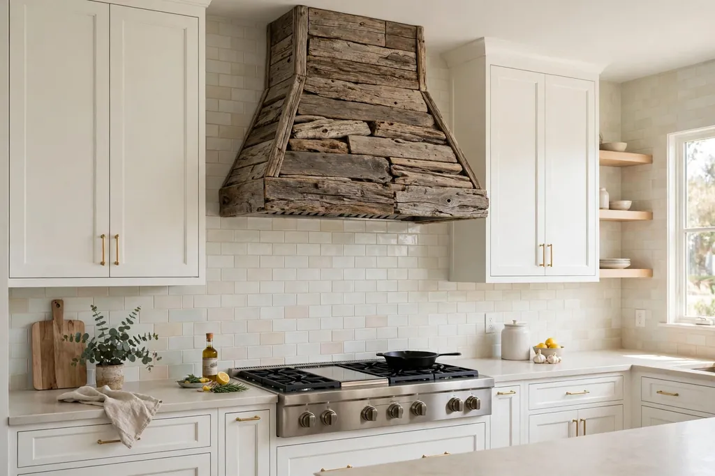 Kitchen range hood clad in weathered driftwood boards.