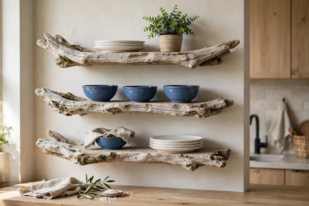 Driftwood open shelves holding white plates, blue bowls, and a small plant.