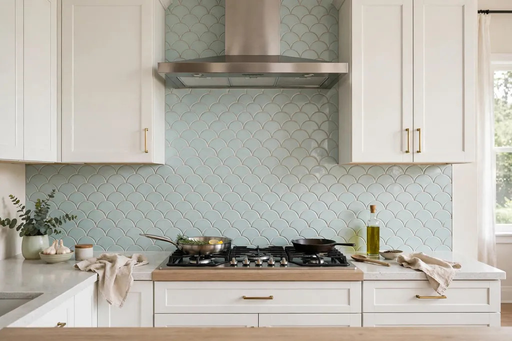 Range wall with a fish scale tile panel in pale aqua above a cooker.
