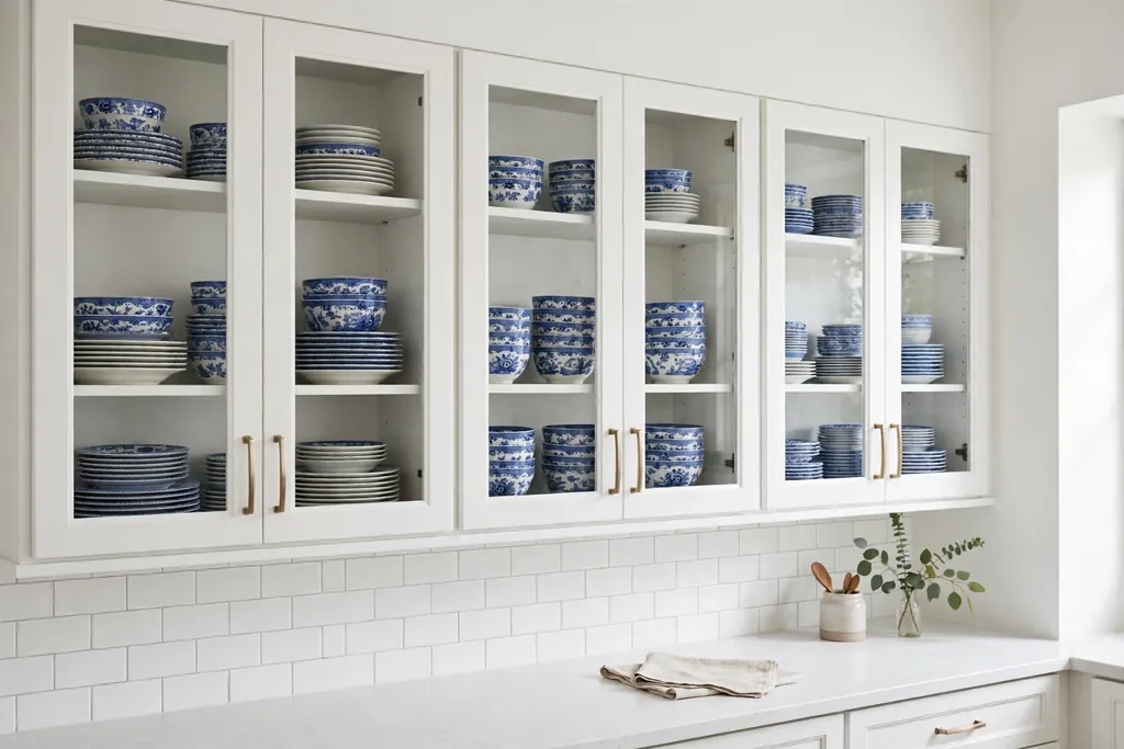 Glass front kitchen cabinets showing blue and white dishes in neat stacks.