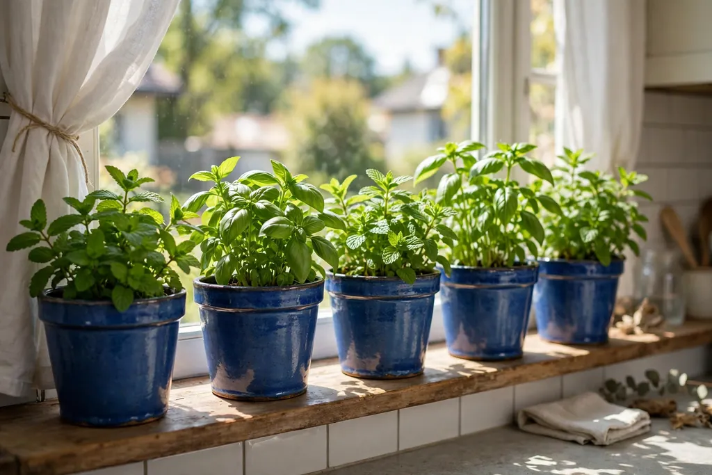 Herb pots in blue ceramic lined up on a sunny kitchen windowsill.