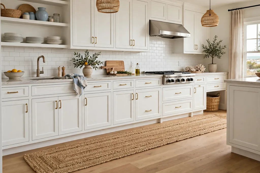 Natural jute runner along the main work run in a coastal kitchen.