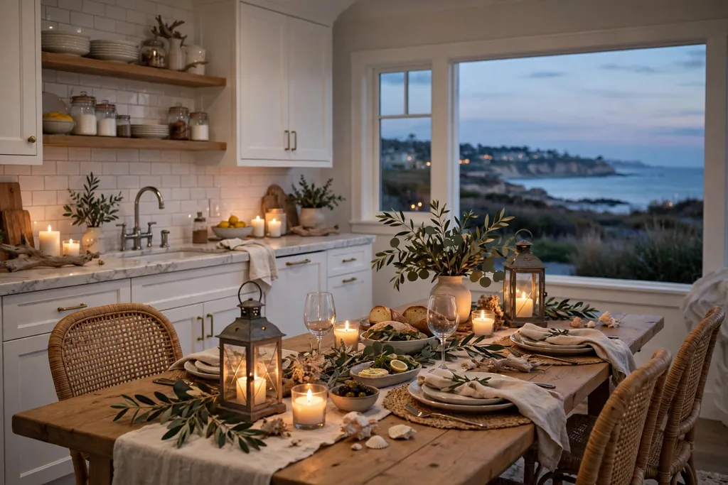 Coastal kitchen dining table in evening light with lanterns and warm candles.