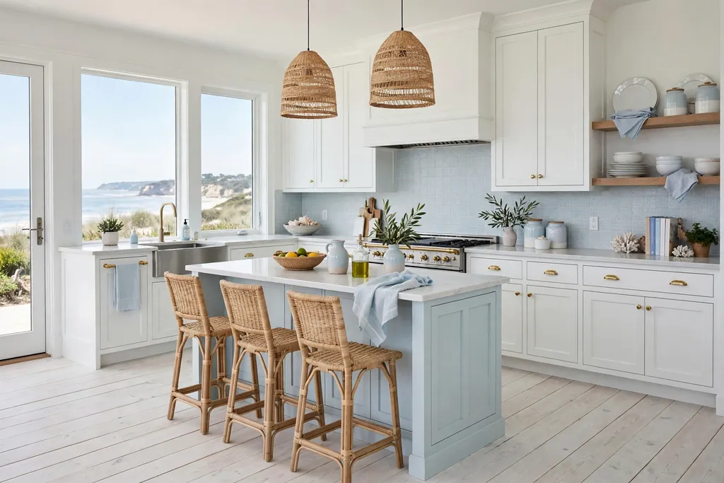 Coastal kitchen with whitewashed light wood floors and white cabinets.