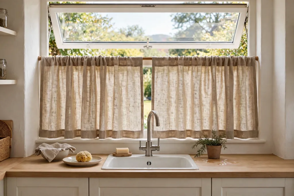Natural linen cafe curtains on the lower half of a kitchen window.