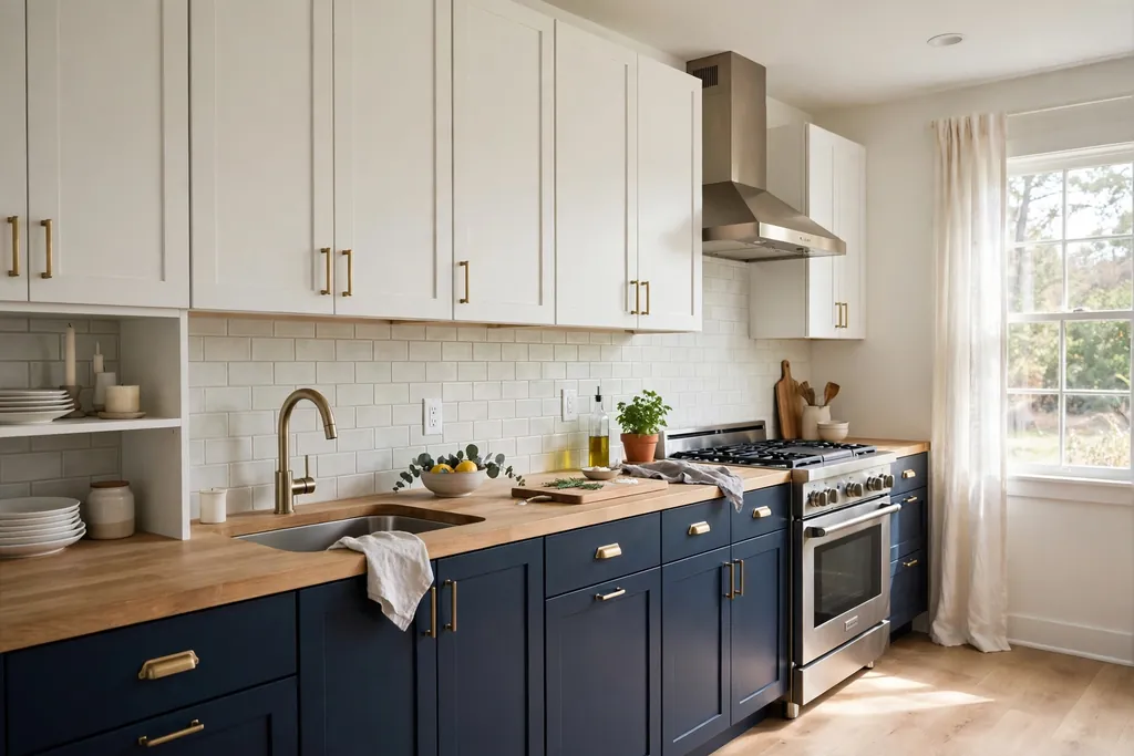 Kitchen with navy lower cabinets, white upper cabinets, and a pale backsplash.