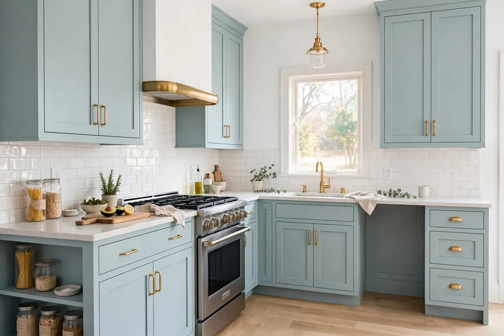 Kitchen with pale sea blue shaker cabinets, white walls, and a pale counter.