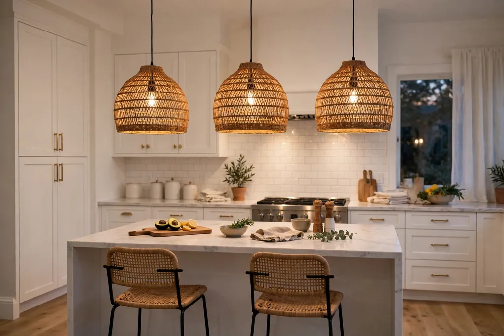 Rattan pendant lights hanging in a row over a kitchen island.