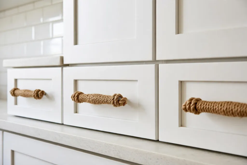 White kitchen cabinets with rope wrapped drawer pulls.