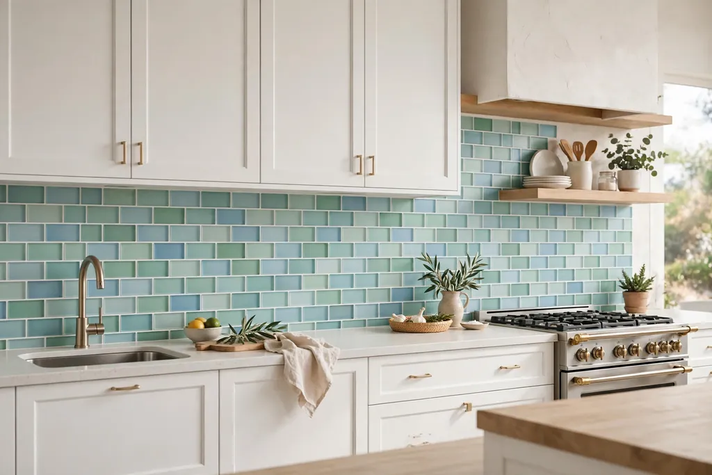 Kitchen backsplash in frosted sea glass tile in soft blue, green, and aqua.
