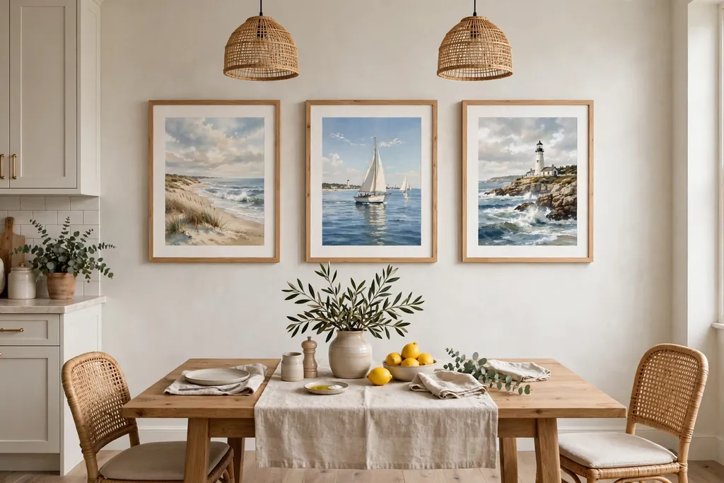 Kitchen dining wall with framed seaside prints in light wood frames.