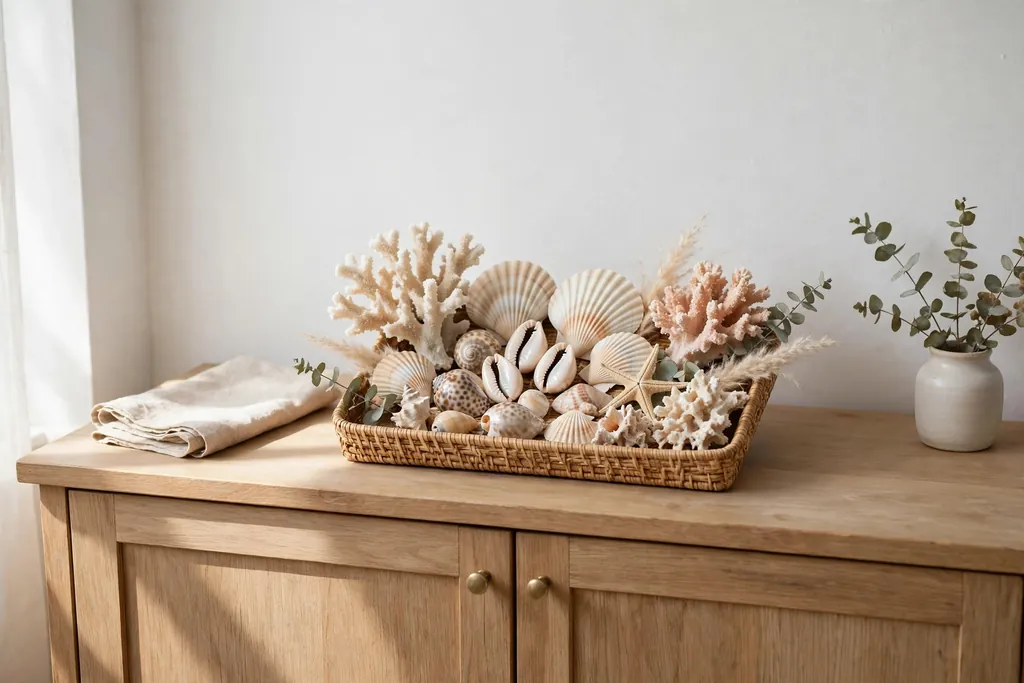 Small tray display of shells and coral on a kitchen sideboard.