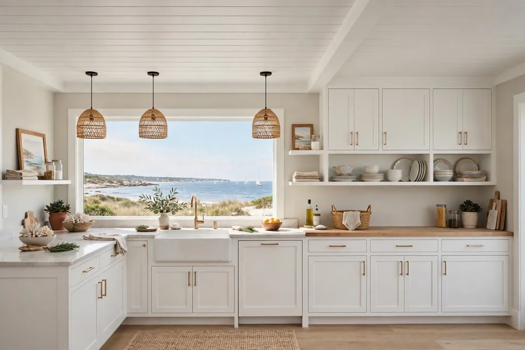 Coastal kitchen with a white shiplap ceiling and pale walls.