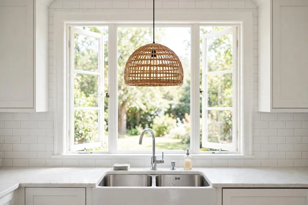 Single rattan pendant hanging over a kitchen sink by a window.