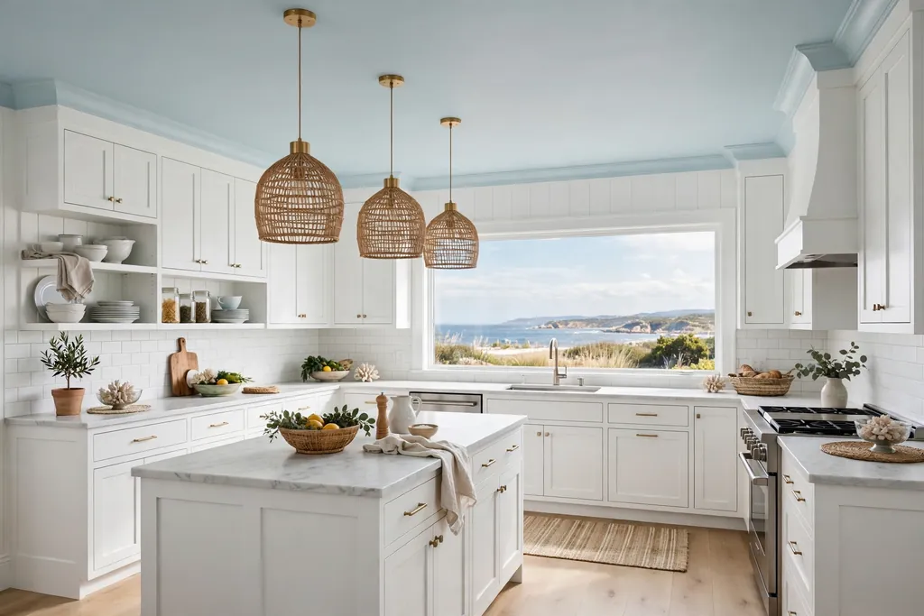 Coastal kitchen with a pale sky blue ceiling and white walls.
