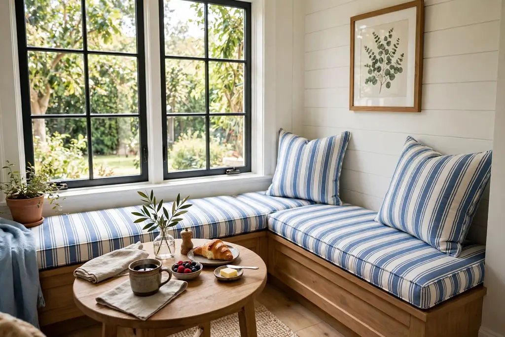 Breakfast nook with a bench banquette and blue and white striped cushions.