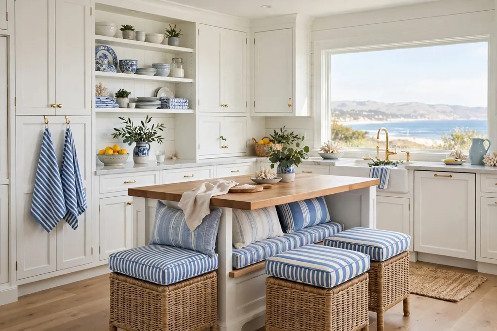 Coastal kitchen with blue and white striped tea towels and seat cushions.