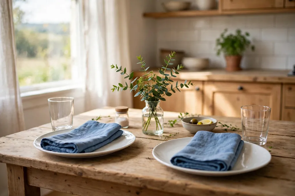 Kitchen table set with white plates, blue linen napkins, and clear glasses.
