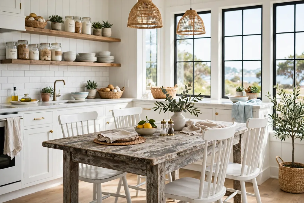 Weathered wood dining table with white chairs in a coastal kitchen.