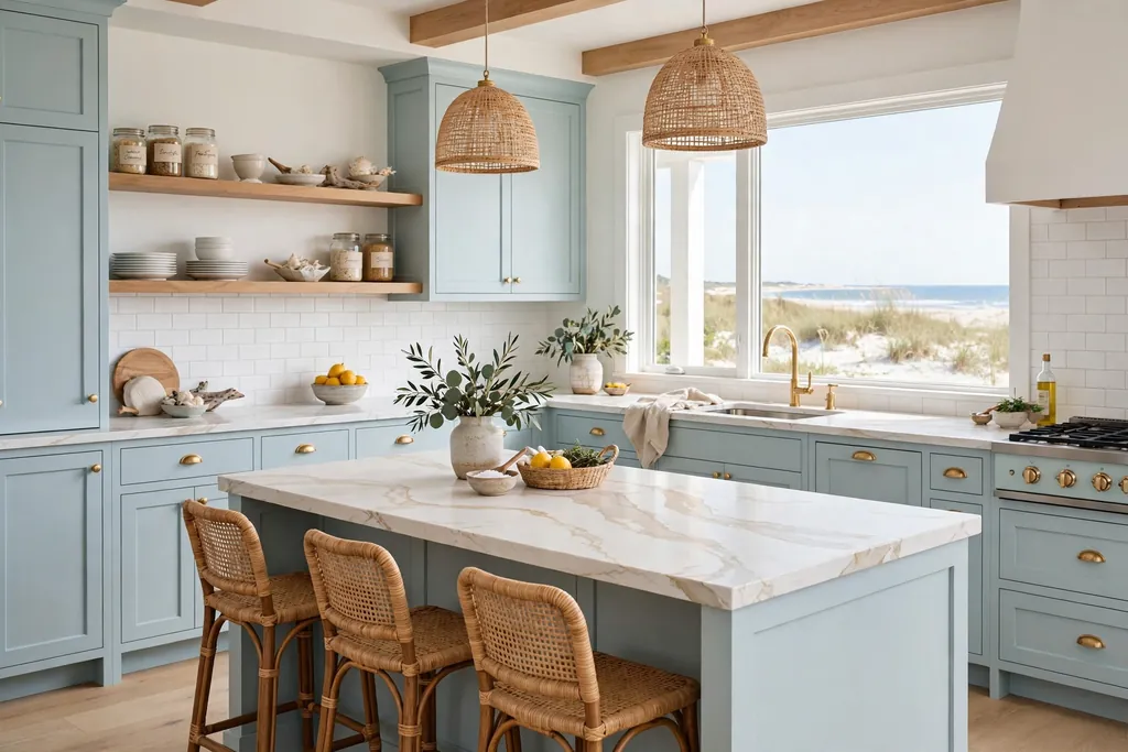 Coastal kitchen with white quartz counters with soft sandy veining.