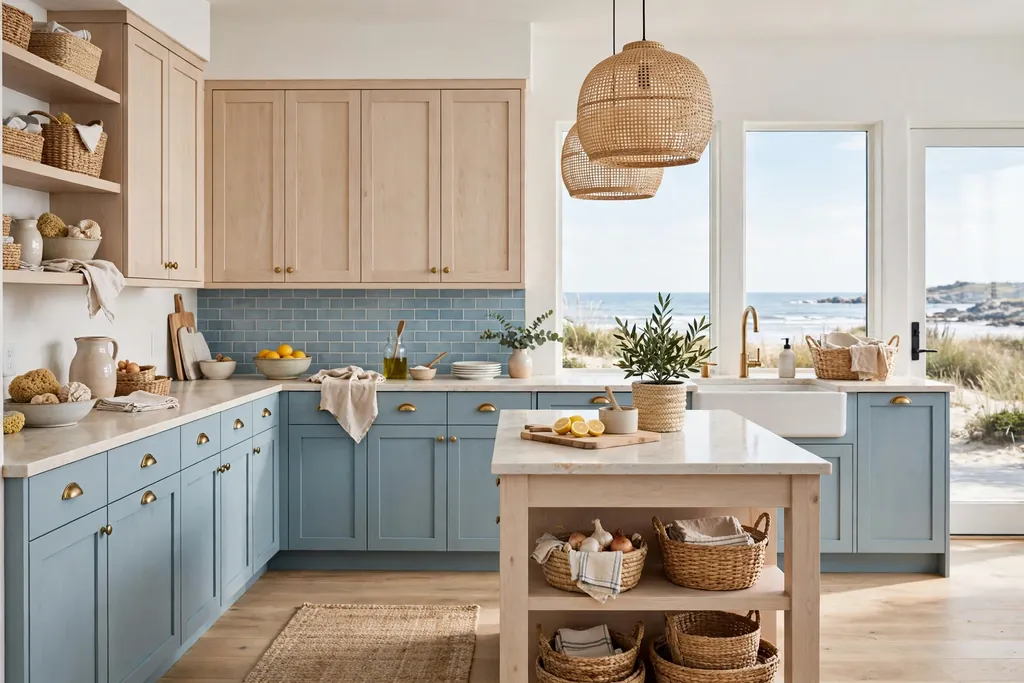 Coastal kitchen in white, sand, and sea blue with pale wood and woven baskets.
