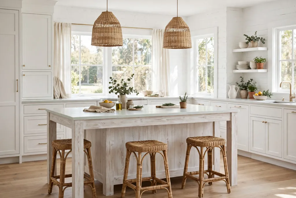 White kitchen with a whitewashed wood island and a pale counter.