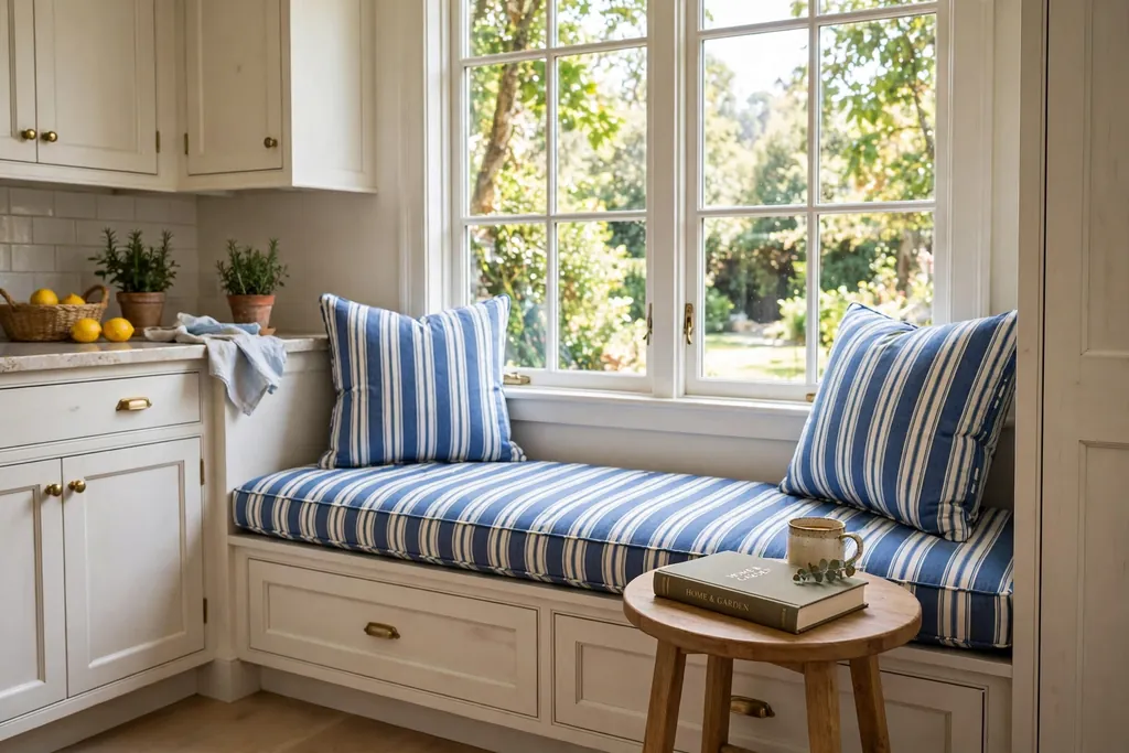 Kitchen window seat with blue and white striped cushions and a side table.