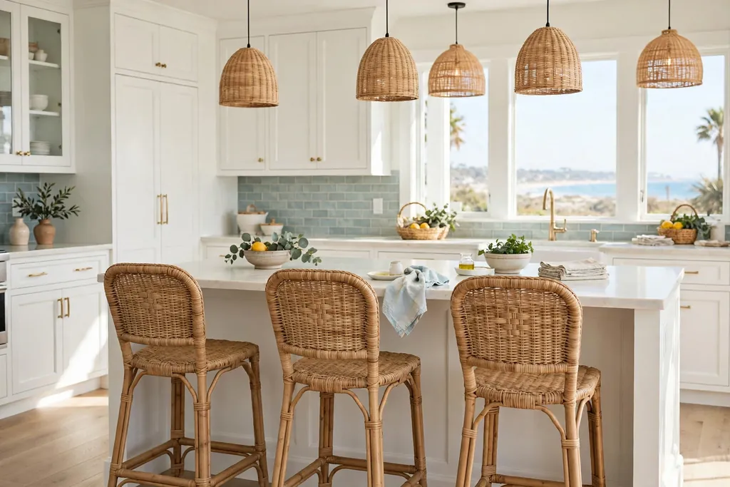 Woven rattan bar stools at a coastal kitchen island.