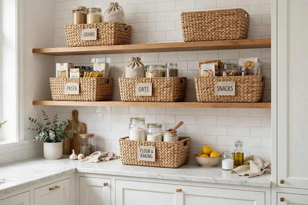 Open kitchen shelves with woven seagrass baskets for pantry storage.