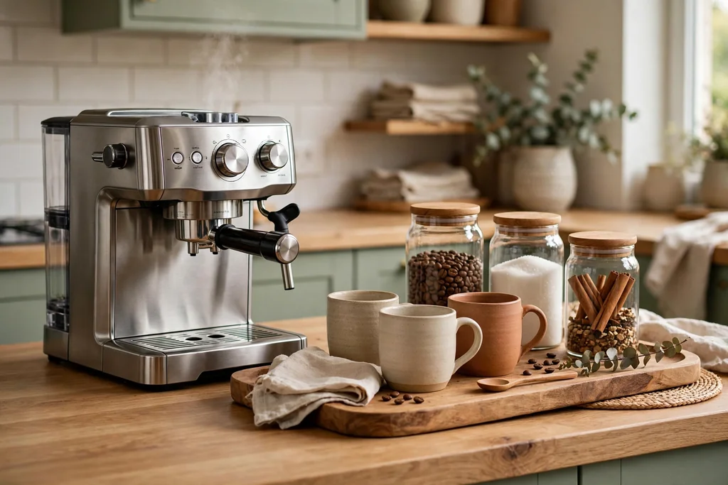 Kitchen counter coffee station with a coffee machine, ceramic mugs, and jars on a wood tray.
