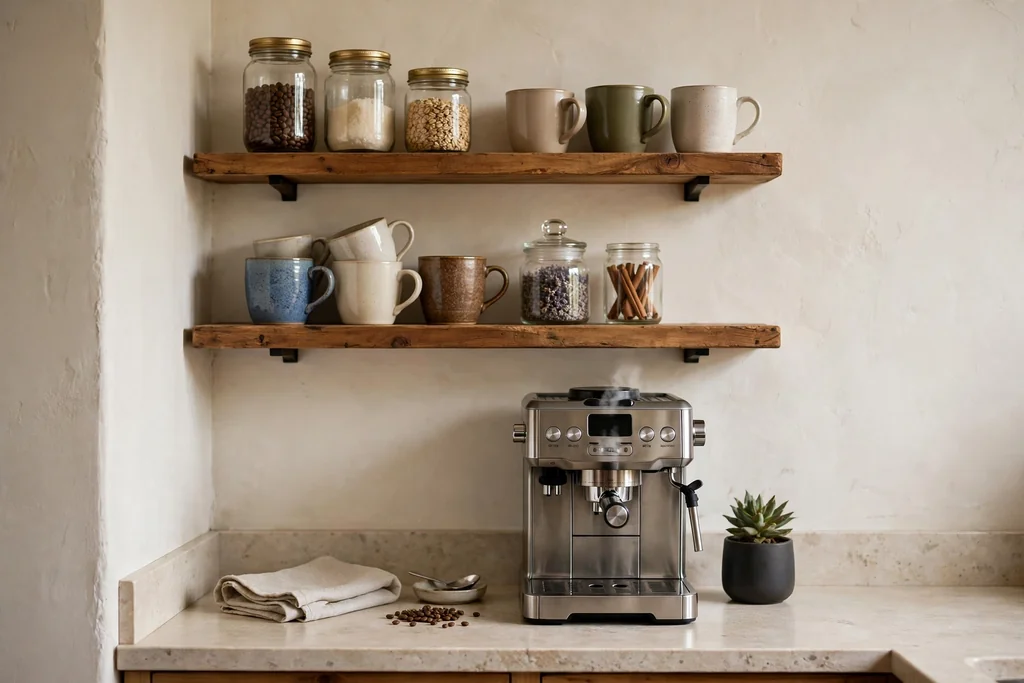 Small kitchen wall with wood shelves holding mugs and glass jars above a coffee machine on a counter.