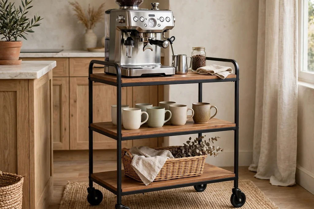 Rolling cart coffee bar with a coffee machine on top, mugs on the middle shelf, and a basket below.