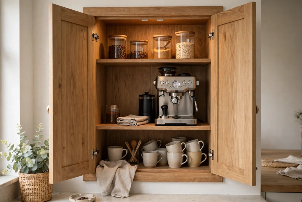 Open wood cabinet with a coffee machine, mugs, and jars inside, used as a hidden coffee bar.