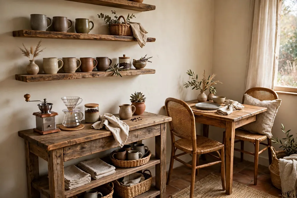 Rustic dining corner coffee bar with a wood console, stoneware mugs, and open wood shelves.