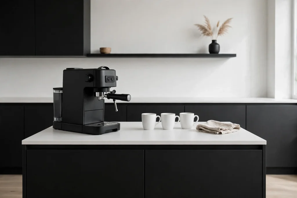 Modern minimal coffee bar in matte black and white with a black machine and white ceramic mugs.