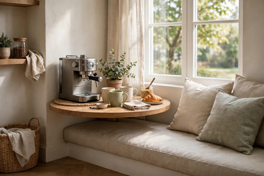 Breakfast nook coffee corner by a bright window with a small table, coffee machine, and mugs.