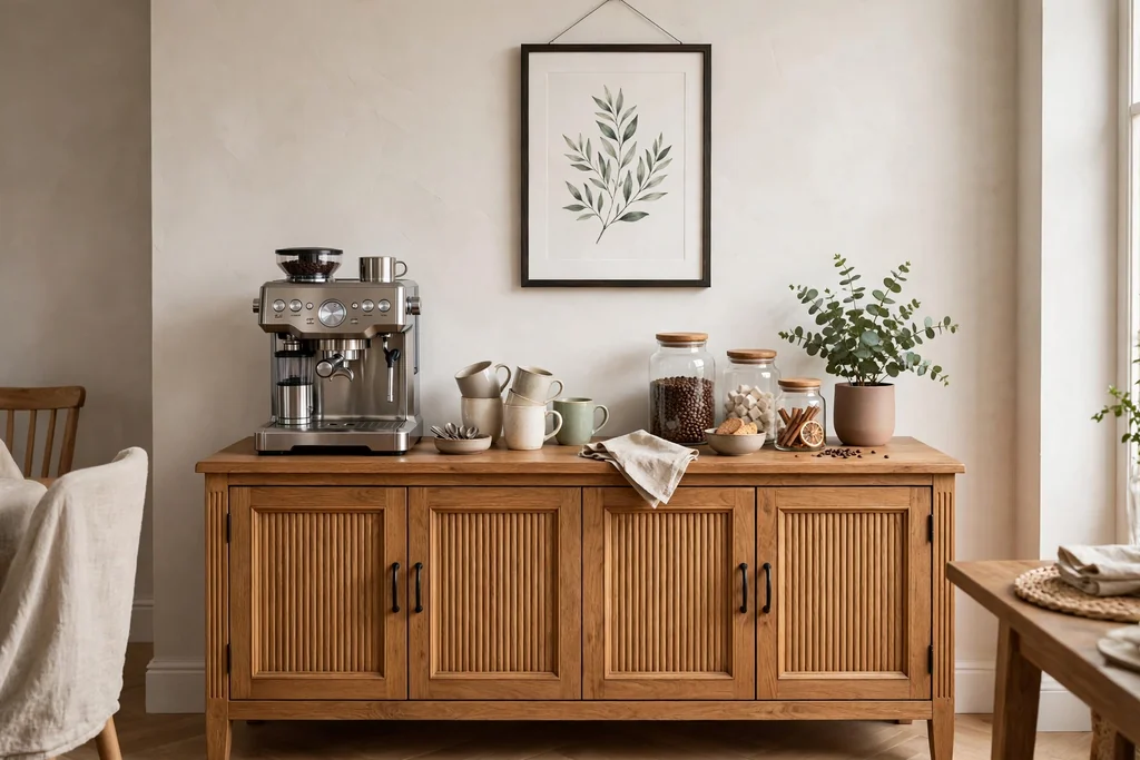 Dining room sideboard used as a coffee bar with a machine, mugs, jars, and a framed print above.