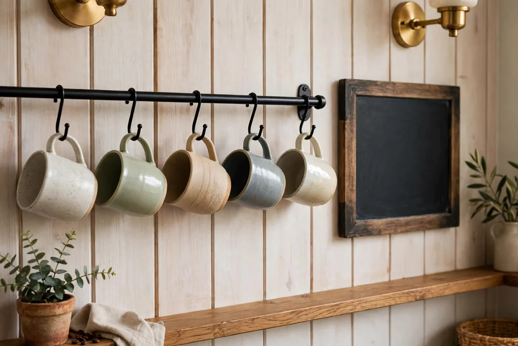 Coffee bar wall with a mug rail holding ceramic mugs and a small chalk menu board beside it.