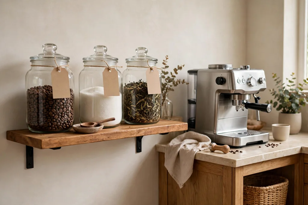 Coffee bar shelf with labeled glass jars holding beans, sugar, and tea beside a coffee machine.