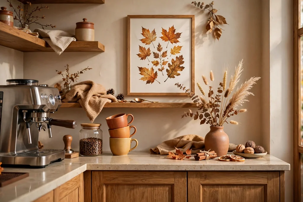 Coffee bar with seasonal details, autumn mugs, a small vase of stems, and a framed seasonal print.