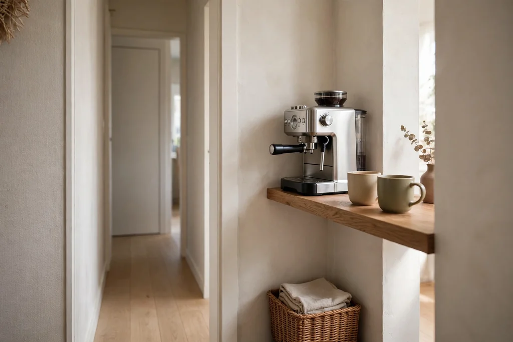 Narrow hallway coffee ledge with a compact machine, two mugs on a shelf, and a small basket below.