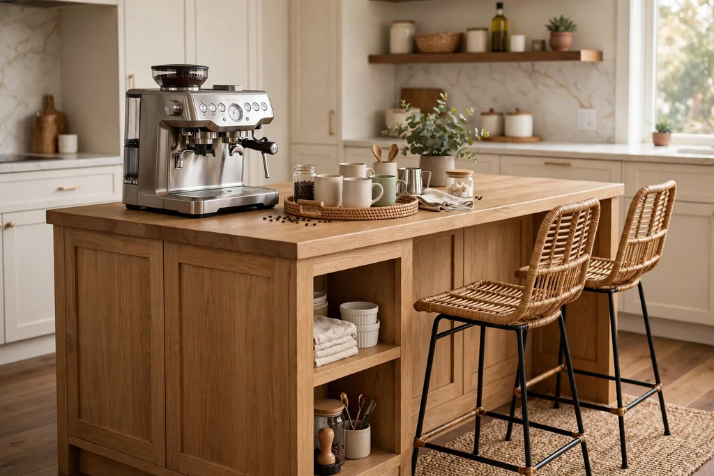 Large kitchen island end used as a coffee zone with a machine, tray, mugs, and two stools.